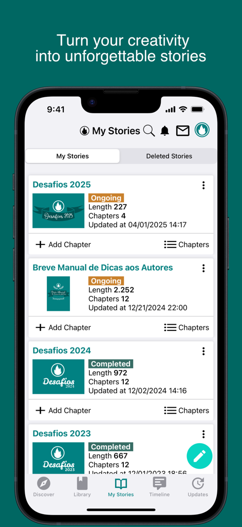 Smartphone-Display des 'Meine Geschichten'-Bildschirms in der Spirit Fanfiction App, der eine Liste verfasster Bücher mit Kapitelanzahl und Aktualisierungsstatus zeigt