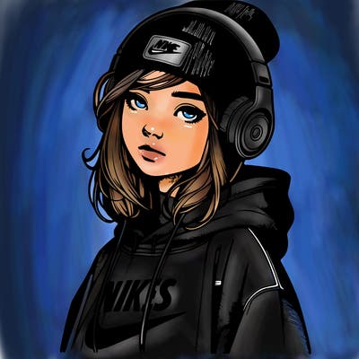 realistic girl wearing a hoodie and a beanie and headphones and nikes