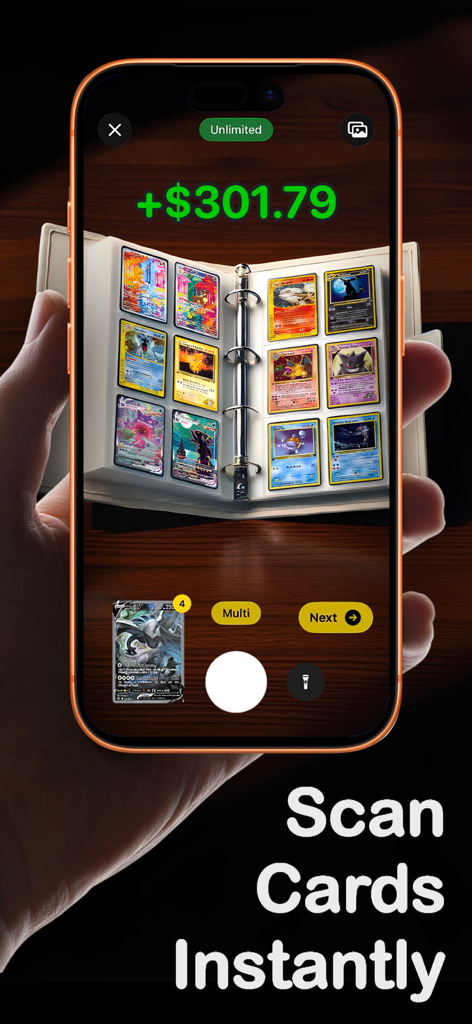 Pokefolio for Pokemon TCG - A mobile phone screen showing the Pokefolio app scanning a binder of Pokemon cards to instantly show their market value
