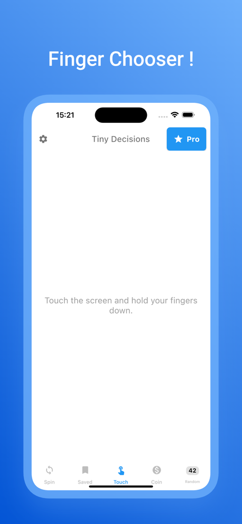 Picker Wheel - Spin Decisions - Finger Chooser feature in the Picker Wheel app showing a white screen with instructions to touch and hold fingers for a random selection.
