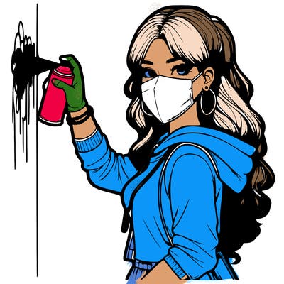 realistic girl with mask spray painting a wall