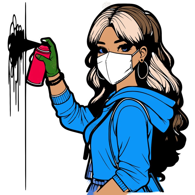 realistic girl with mask spray painting a wall