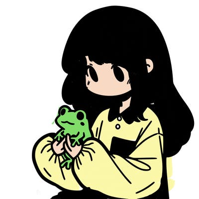 girl with long hair and a oversized shirt. and she is holding a frog