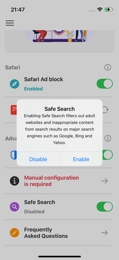 Ad Blocker Pro - Secure & Safe - Safe Search popup in Ad Blocker Pro app interface to filter inappropriate content.