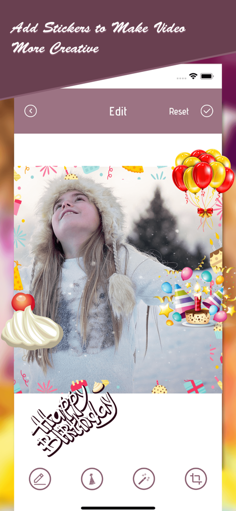 Video Maker Photos With Song - Una pantalla de aplicación móvil que muestra cómo agregar stickers, globos y pasteles de cumpleaños a una foto para una presentación de diapositivas de video.