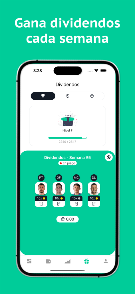 Futbit - Mobile interface of the Futbit app displaying weekly dividends and soccer player stock performance.