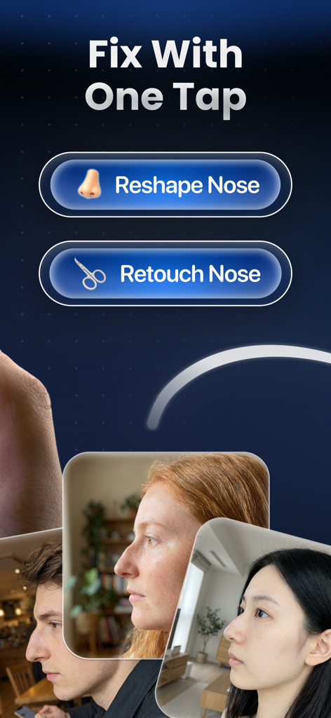 Nose Editor Fixer Reshape AI - Interface of the Nosefix app showing AI-powered nose reshaping and retouching options with profile photo previews