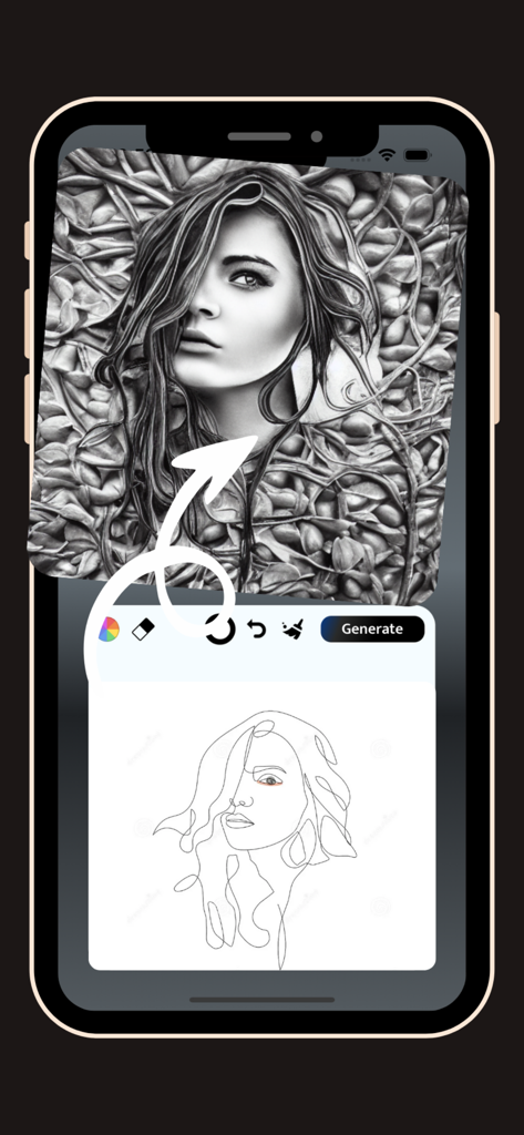AI Magic Live Sketch: Fast Art - An iPhone screen showing a simple line drawing of a woman transforming into a detailed AI portrait