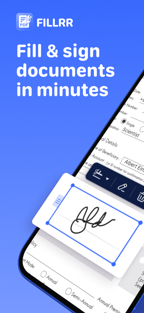 Oberfläche der mobilen App, die zeigt, wie eine digitale Signatur zu einem PDF-Dokument hinzugefügt wird