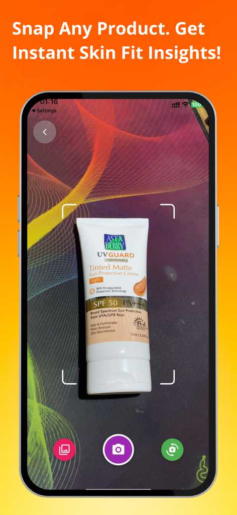 Smartphone scanning a sunscreen tube with SkinMama app for instant skin insights