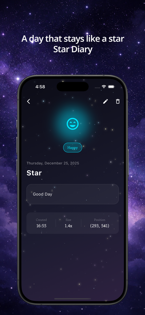 Star Diary -  Stella Notes - Star Diary app screen displaying a daily journal entry with a happy mood icon and cosmic background