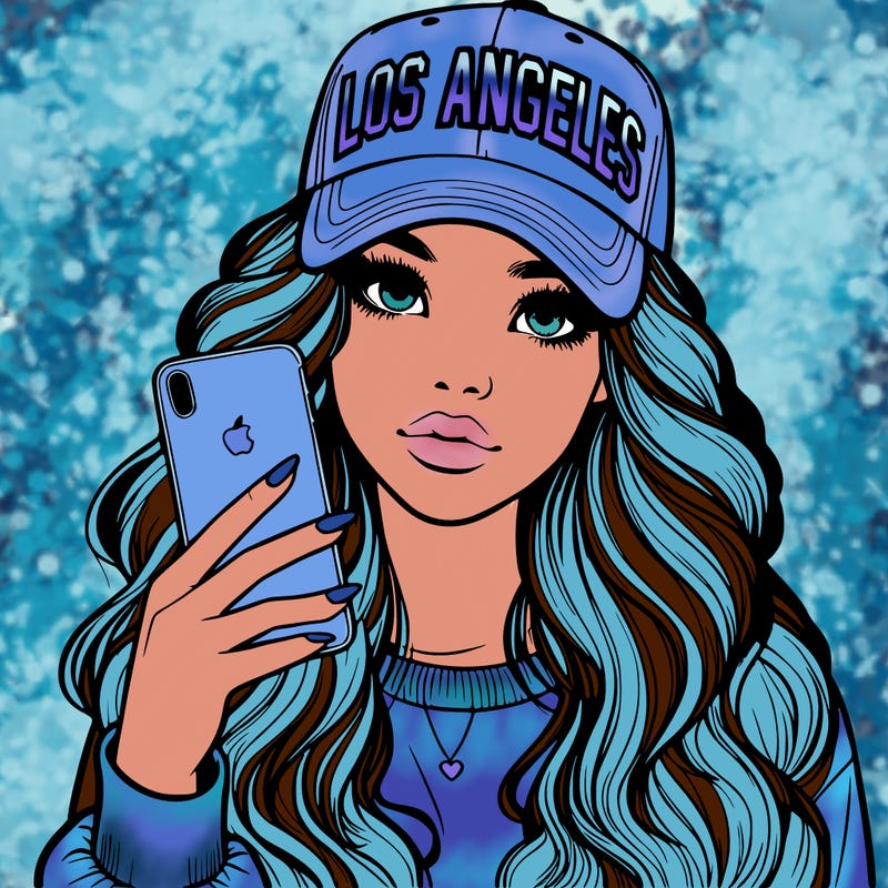 realistic beautiful girl wearing los ángeles cap holding an iphone