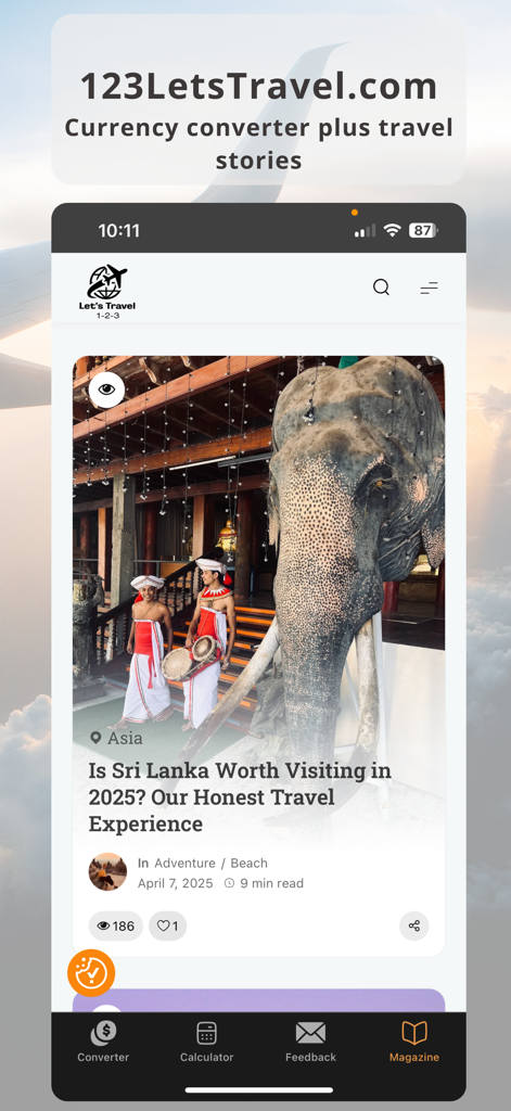 Currency Converter Plus app showing a travel magazine section with a featured article on Sri Lanka