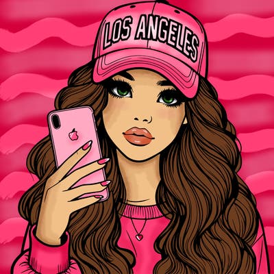 realistic beautiful girl wearing los ángeles cap holding an iphone