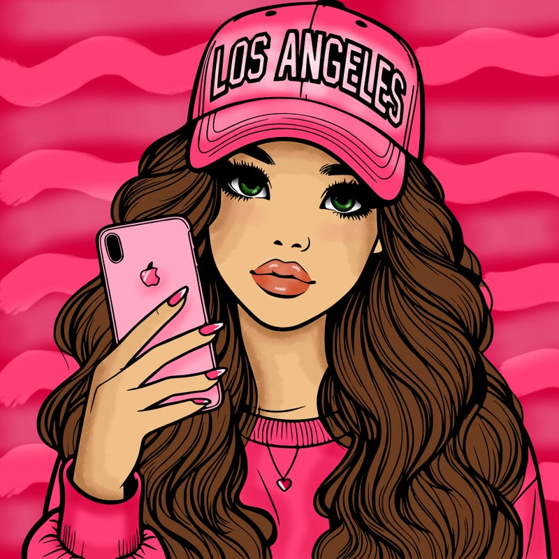 realistic beautiful girl wearing los ángeles cap holding an iphone