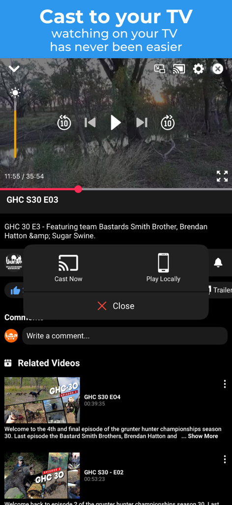 Interfaccia che mostra l'opzione di trasmissione TV per i video di caccia nell'app Uhunt 2.0.