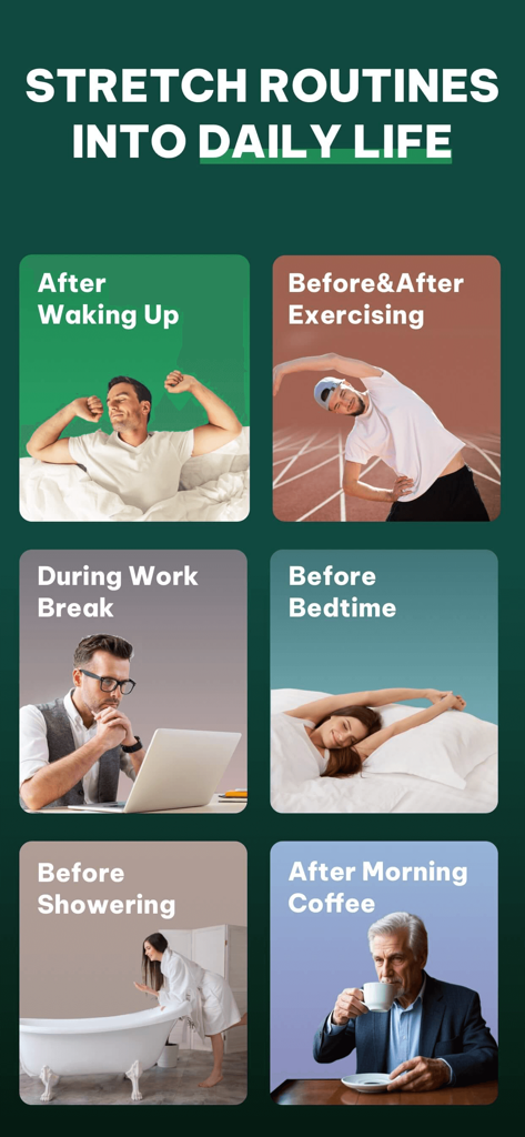 JustStretch | Flex & Mobility - Un menú de rutinas diarias de estiramiento para despertar, descansos en el trabajo, ejercicio y hora de dormir dentro de la aplicación JustStretch.