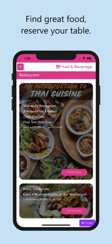 Cuti Cuti Langkawi app showing restaurant reservation options and local food listings
