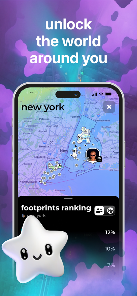 Blink app interface showing a map of New York with footprints ranking and a cute star character.