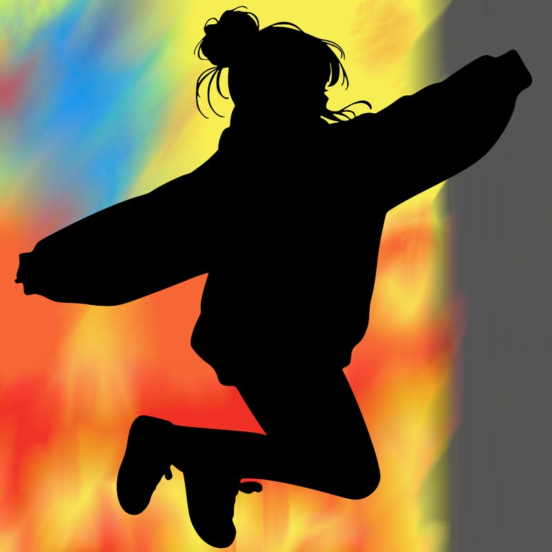 realistic girl jumping with a bun and oversized sweatshirt