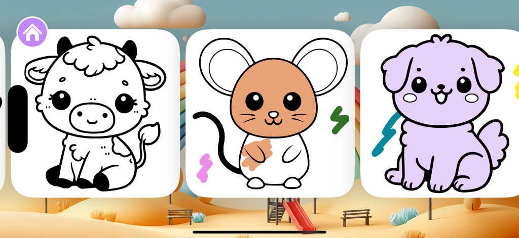 Selection screen of the Relax and Draw app showing animal coloring pages of a cow, a mouse, and a purple dog.