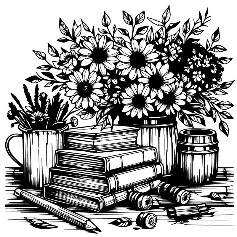rustic books and beautiful flowers realistic