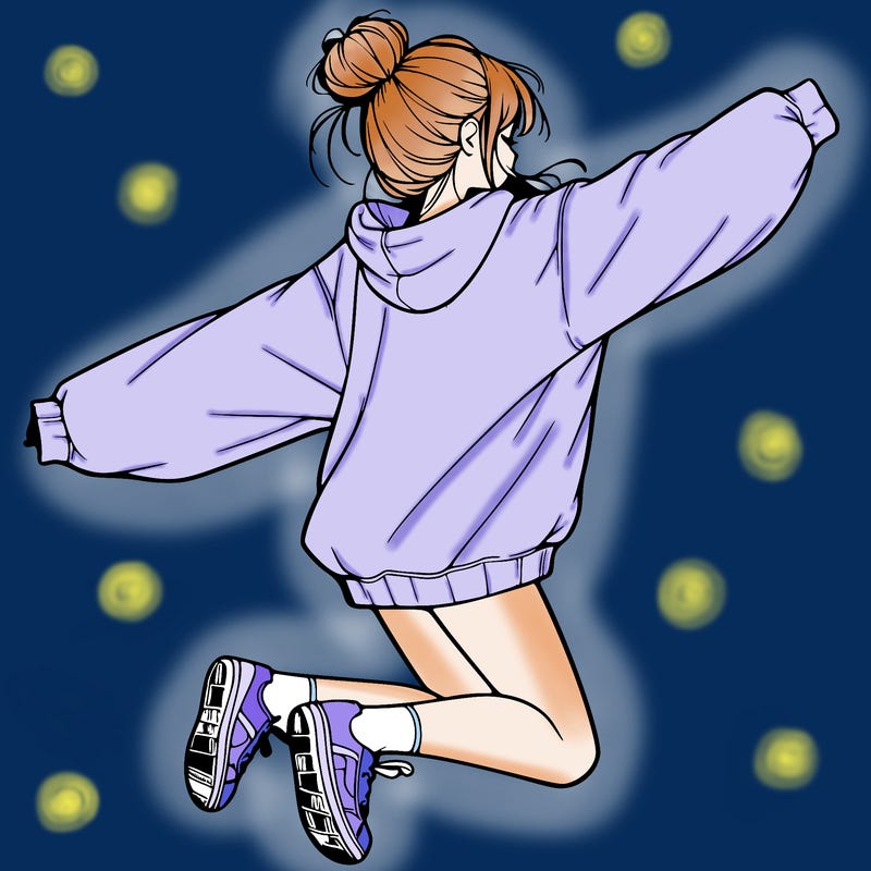 realistic girl jumping with a bun and oversized sweatshirt