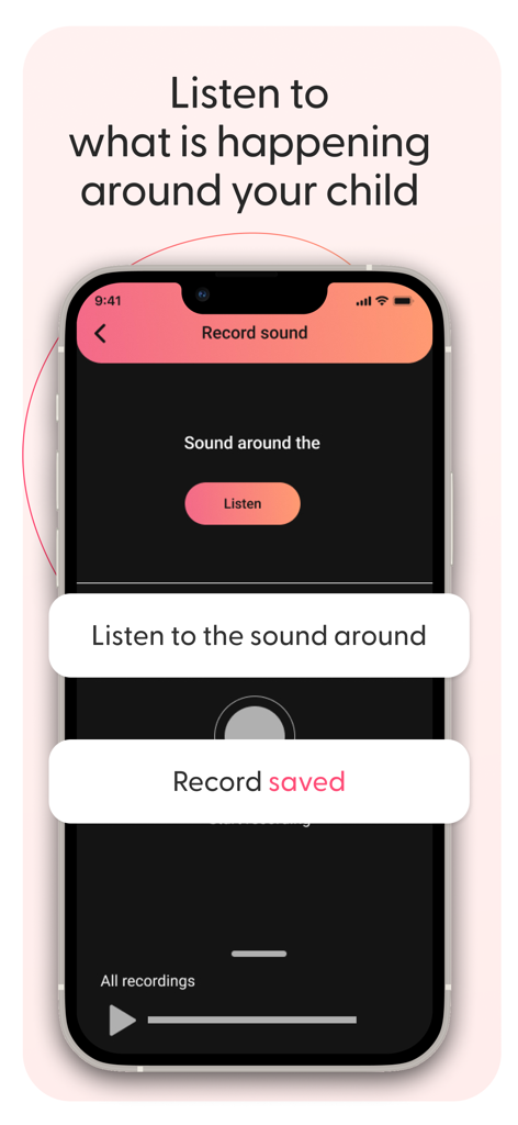 Interface of Kid Security app showing the feature to listen and record audio around a child device