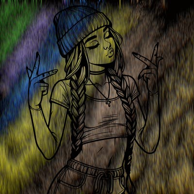 realistic teenage girl with braids and a beanie and crop top doing 🫶🏼