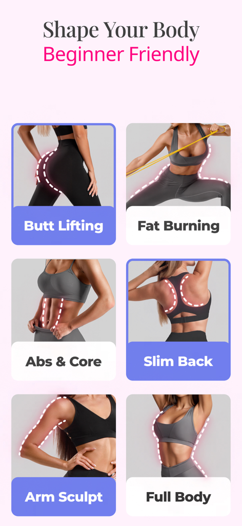 Wall Pilates Challenge:WallFit - A selection of Wall Pilates workout categories for body shaping including Butt Lifting, Fat Burning, Abs and Core, Slim Back, Arm Sculpt, and Full Body.