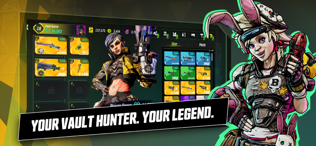 Borderlands Mobile - Borderlands Mobile character gear and inventory customization menu.