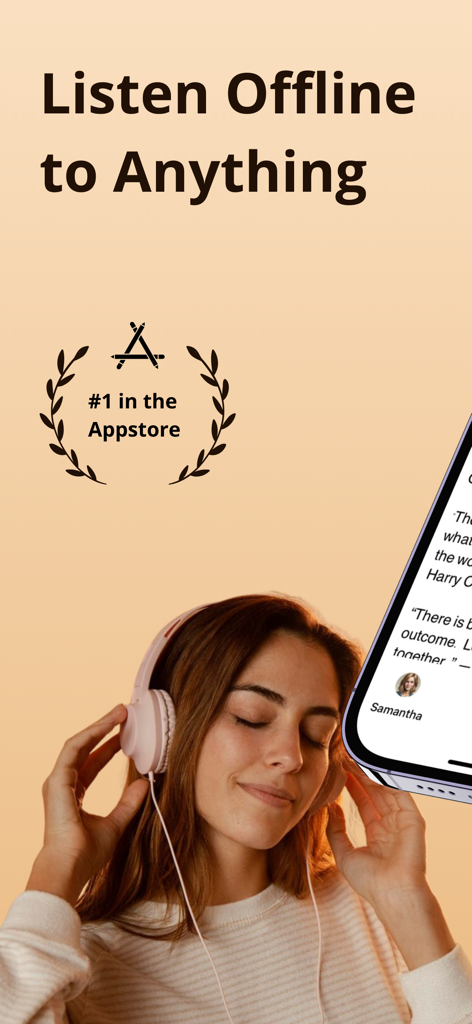 AI Reader: Text To Speech - A woman wearing headphones listening to content offline with the AI Reader app