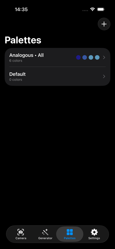 Chroma Lens Studio - A tela de Paletas no Chroma Lens Studio mostrando uma lista de coleções de cores salvas, incluindo uma paleta análoga.