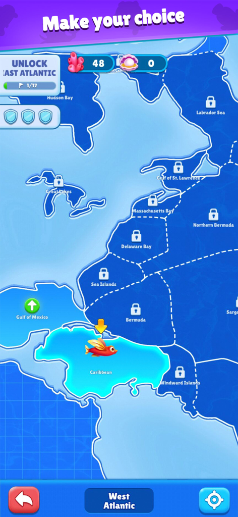 Fish Go.io 2 - Fish Go.io 2 Spielbildschirm, der die Westatlantikkarte mit Levelauswahl und gesperrten Regionen zeigt