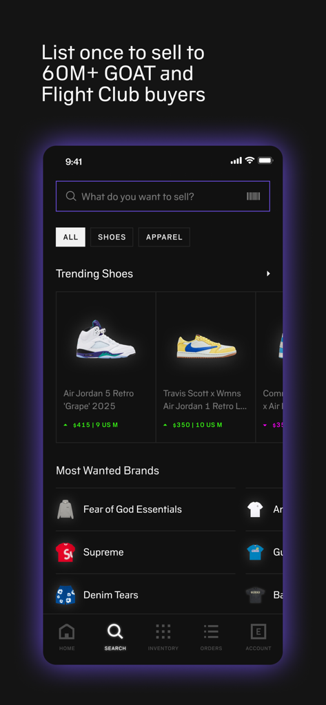 Alias app search screen for listing sneakers and streetwear with trending items and brands.