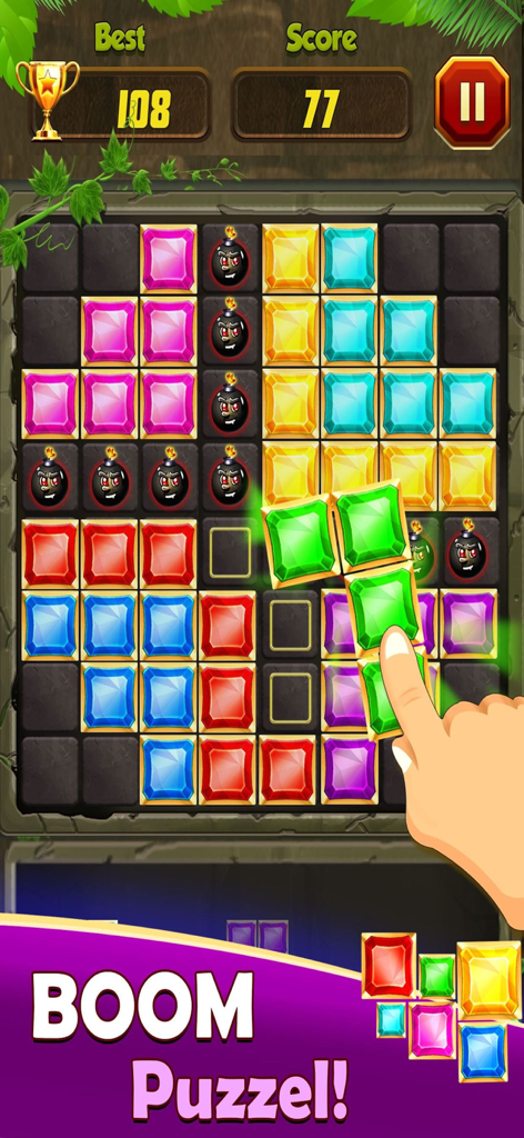 Jugabilidad de Block Puzzle Jewel Blast mostrando una mano arrastrando un bloque de joya verde a una cuadrícula de 8x8 con iconos de bomba