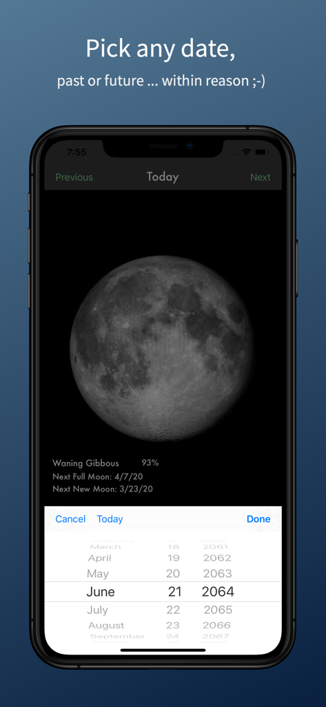 モバイルアプリの画面。カレンダースクロールホイールを使用して選択された将来の日付の月の満ち欠けを表示しています。