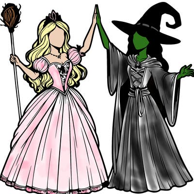 detailed realistic split of a princess and a witch