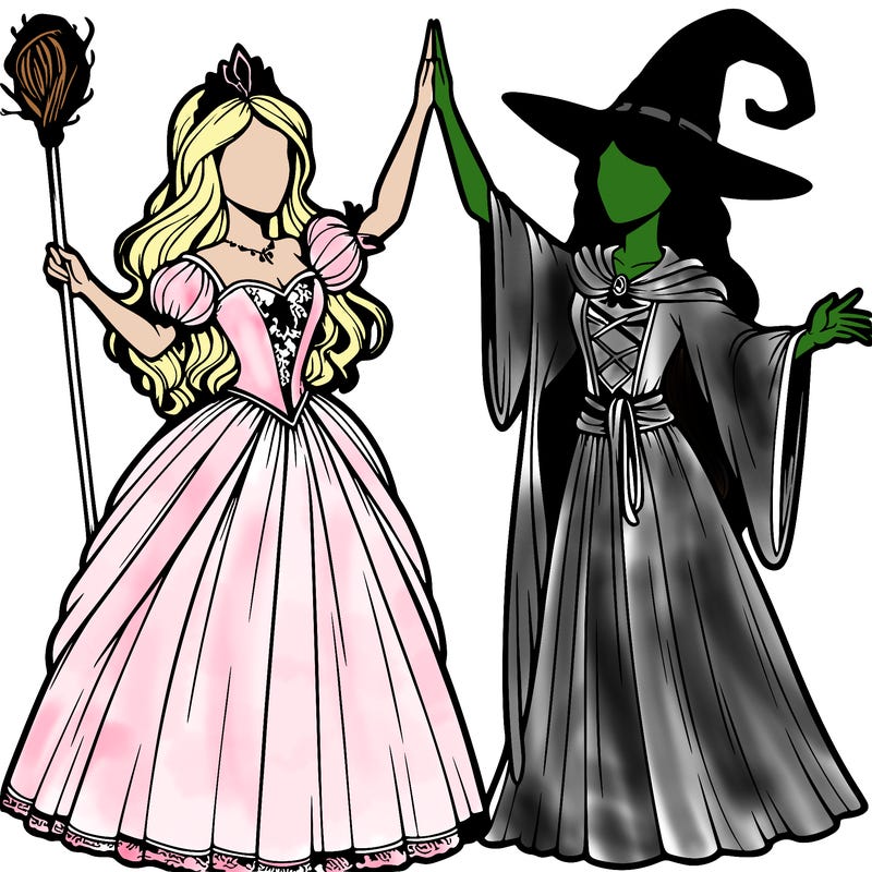 detailed realistic split of a princess and a witch