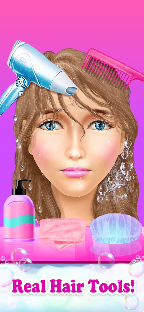 Princess HAIR Salon: Spa Games - A girl character getting her hair washed and dried with virtual styling tools in a princess hair salon game.
