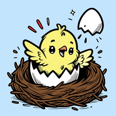 a baby chick hatching from an egg in a nest