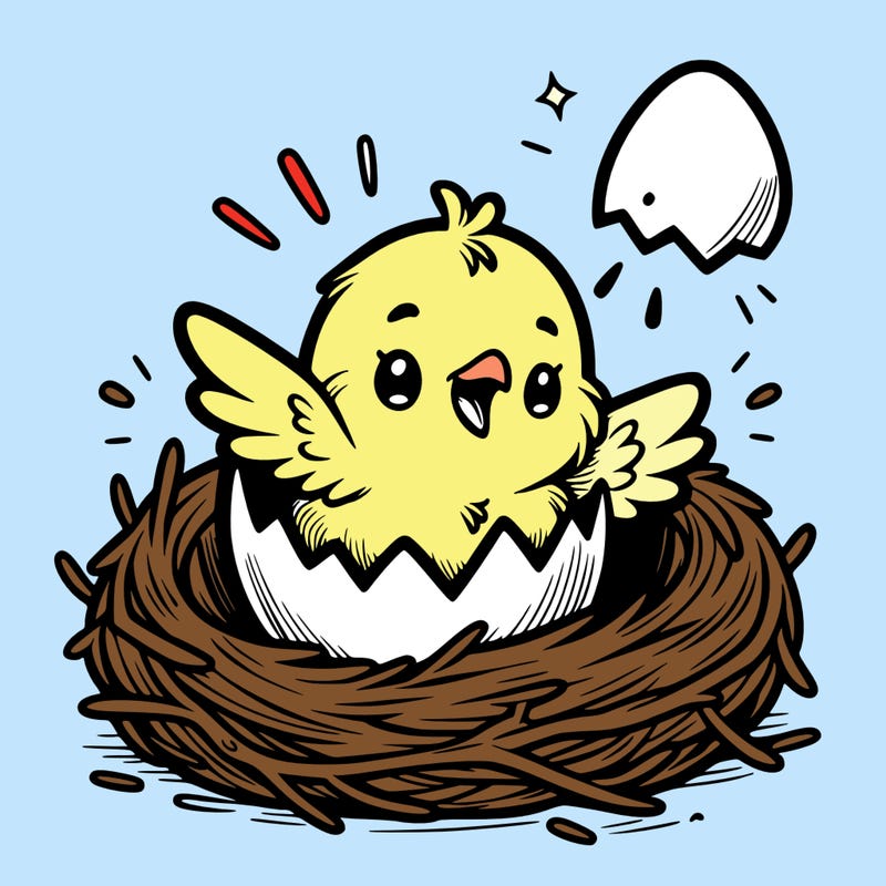 a baby chick hatching from an egg in a nest