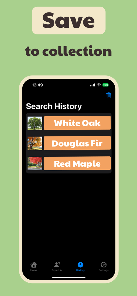Tree Identifier・Nature Scanner - Tree Identifier app search history screen showing a collection of identified trees like White Oak and Douglas Fir