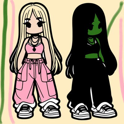 girl in baggy pants crop top and long hair