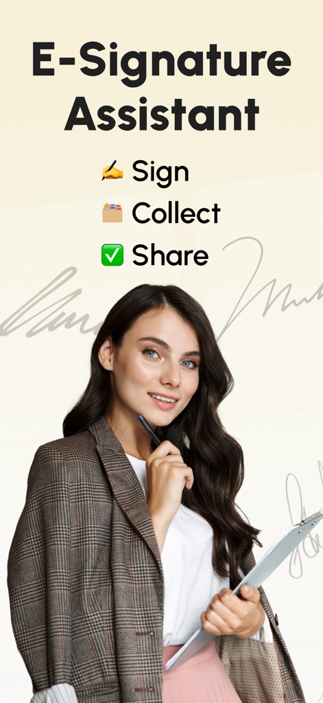 E-Signature Assistant app screen featuring a professional woman and options to sign collect and share documents