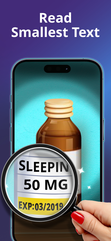 Digital magnifying glass app used to read small text on a medicine bottle