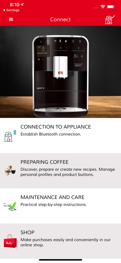 Melitta® Connect - Startbildschirm der Melitta Connect App mit Maschinenverbindung, Kaffeerezepten, Wartungsanleitungen und Shop-Optionen