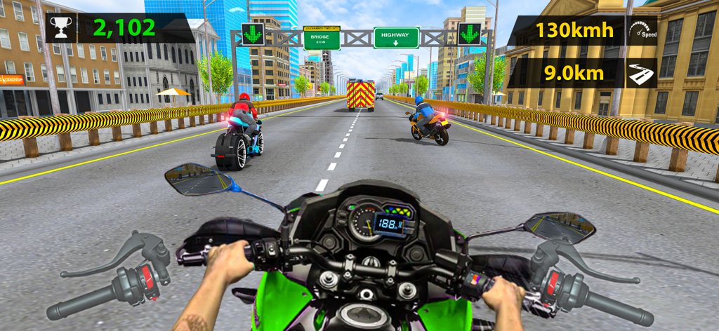 Bike Rider Infinity - Vista en primera persona de una motocicleta verde compitiendo a través del tráfico de una autopista urbana