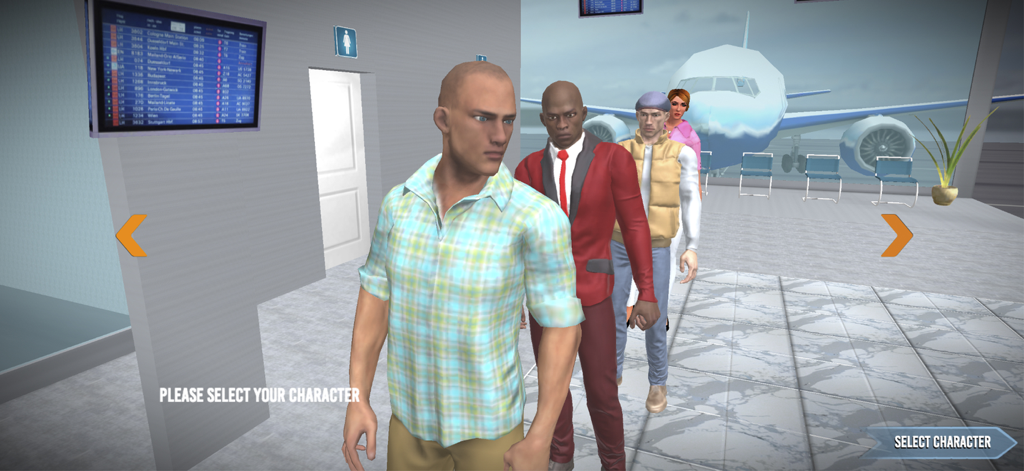 Character selection screen in Go To Street 2 showing multiple 3D avatars in an airport terminal setting