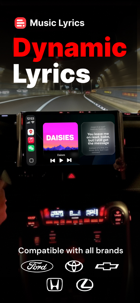 Dynamic Lyrics app interface showing song lyrics on a car dashboard screen